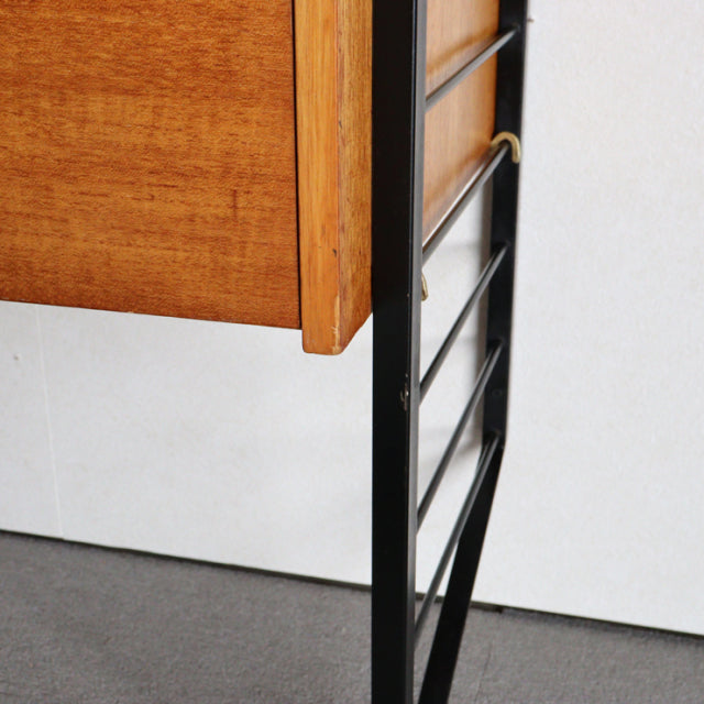 Vintage British mid-century Ladderax unit shelf with teak wood compartment and black metal frame featuring ladder-style side .