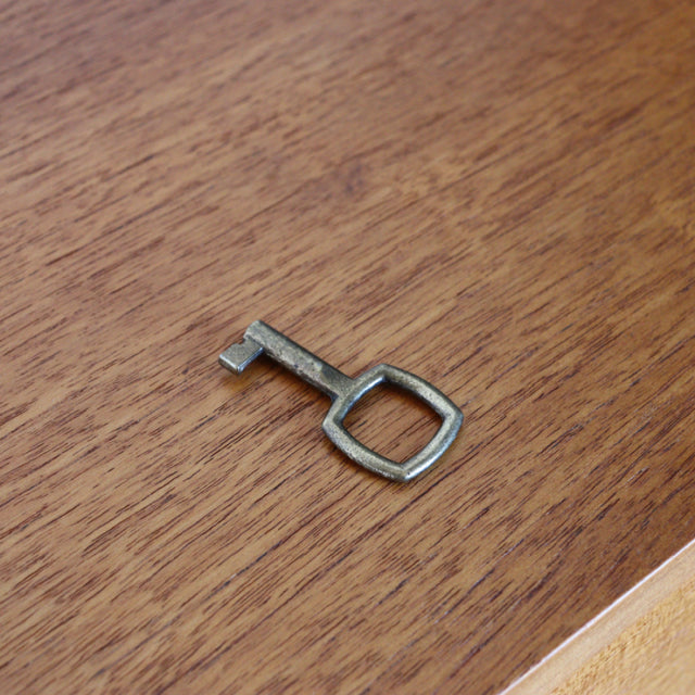 Vintage British Ladderax unit shelf key on mid-century teak wood grain surface from Denmark.