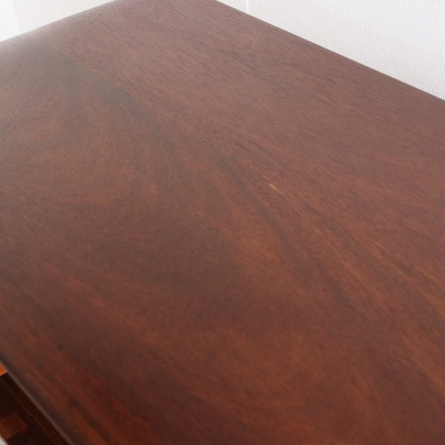 Vintage teak sideboard top with rich wood grain, smooth polished surface, British mid-century style.