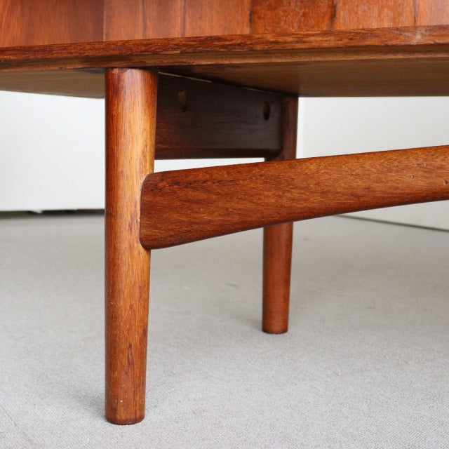 Mid-century teak wood legs and stretcher detail of British vintage Dalescraft sideboard, showcasing rich wood grain and.