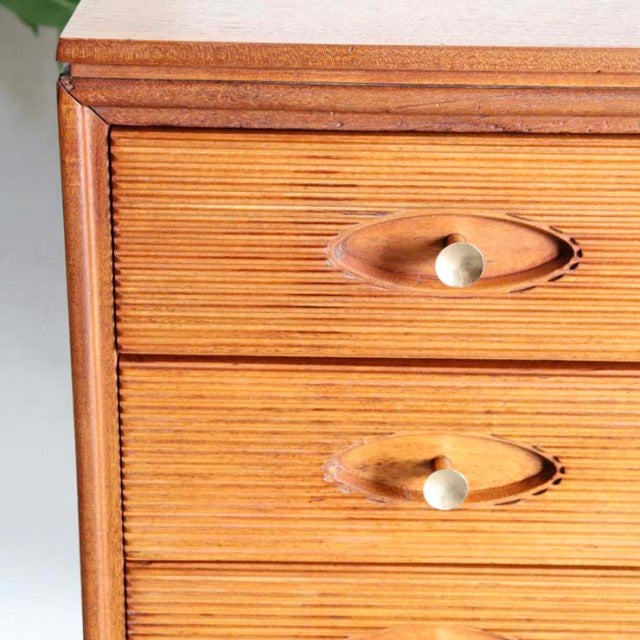 Mid-century British vintage teak sideboard drawers with ribbed wood grain and oval recessed handles by Robert Heritage.