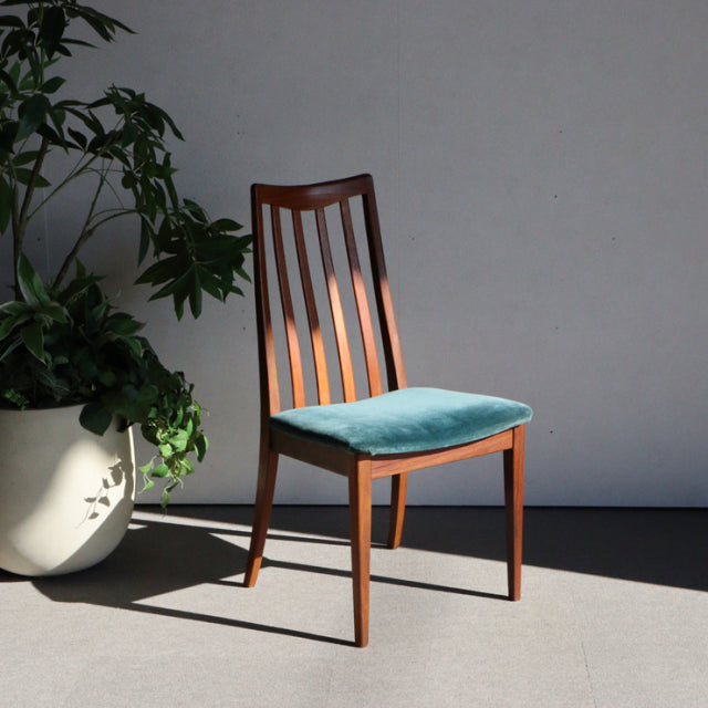 Vintage G-Plan mid-century teak dining chair with teal upholstered seat and slatted backrest, British design with clean.
