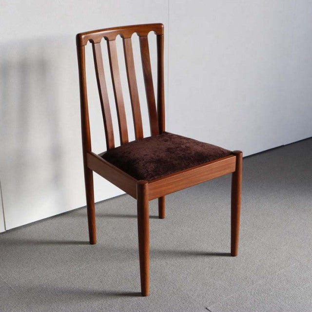 Mid-century British vintage Meredew teak dining chair with vertical slat back and brown upholstered seat.