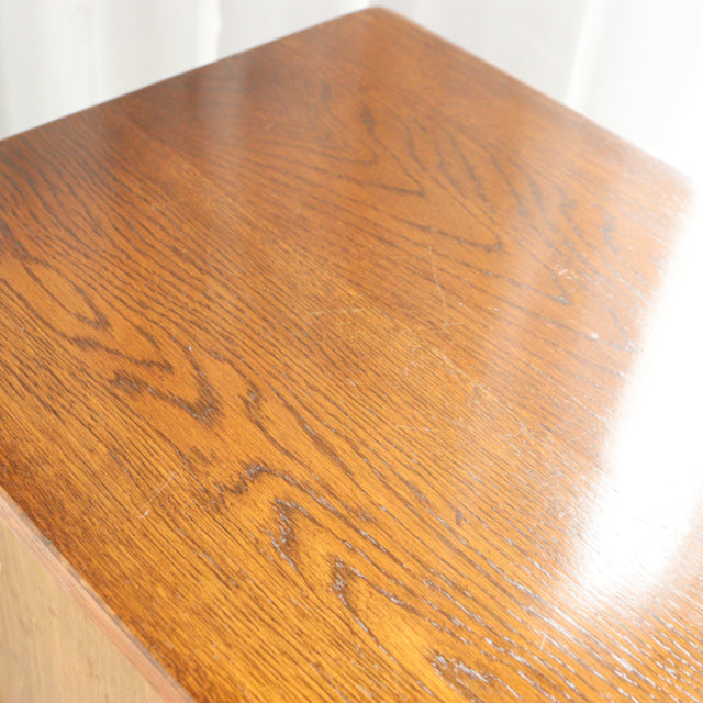 Vintage mid-century teak cabinet top with rich wood grain, smooth finish, and warm tones from British-Denmark Jaycee design.