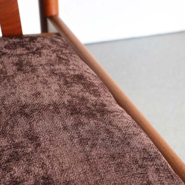 Vintage Meredew mid-century teak dining chair seat with brown textured fabric upholstery and visible wood grain frame from.