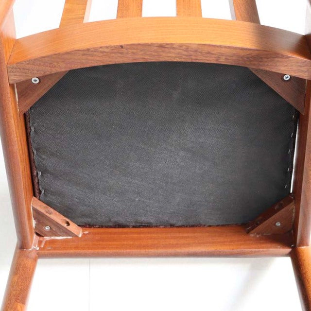 Vintage teak Meredew dining chair seat base with sturdy wooden frame and visible black upholstery lining, mid-century.