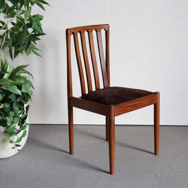 Vintage Meredew dining chair in teak with slender vertical slats, tapered legs, and dark upholstered seat, British.