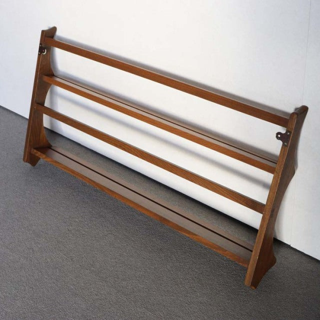 Vintage British mid-century teak Arcol plate rack with smooth wood grain, slatted rails, and angled side supports.