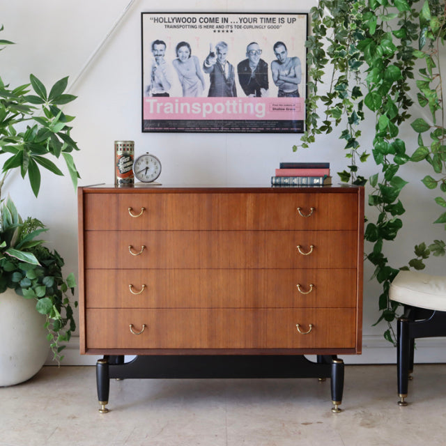 Vintage G-Plan mid-century teak chest with four drawers, brass ring handles, slender black legs with brass tips, showcasing.
