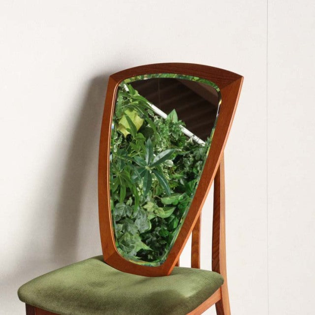 Mid-century vintage teak wall mirror with triangular organic shape, Danish design reflecting green foliage.