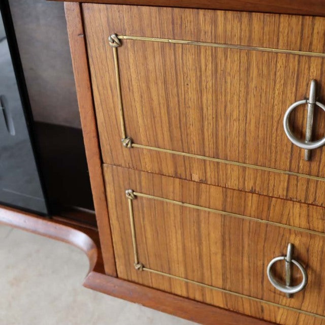Vintage teak mid-century room divider with British design, iron ring handles, and detailed wood grain close-up.