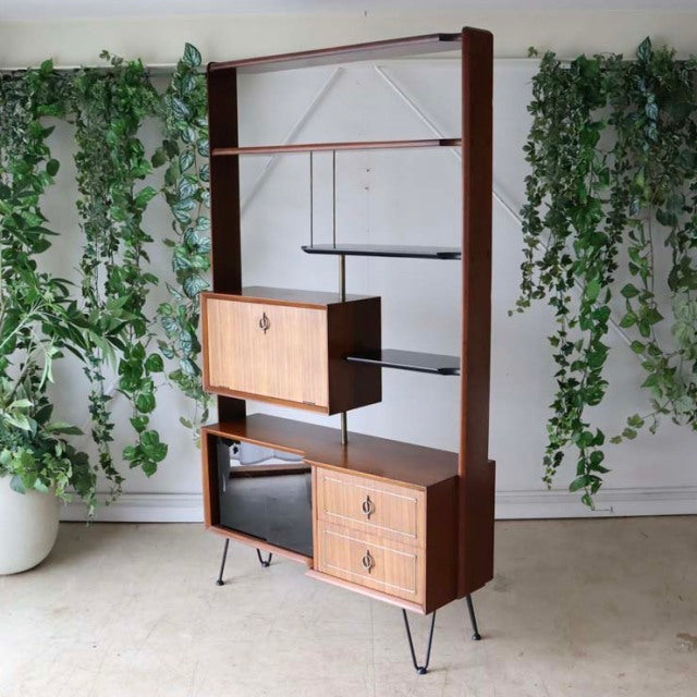 Vintage teak mid-century room divider cabinet with iron legs, British-Denmark style, featuring wood grain finish and mixed.