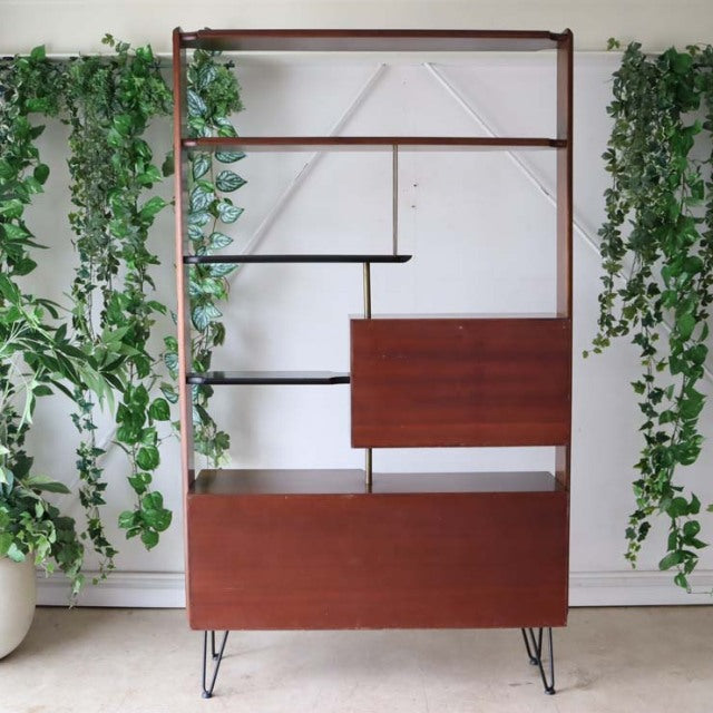 Vintage teak mid-century room divider with British-Denmark design, iron hairpin legs, and rich wood grain.