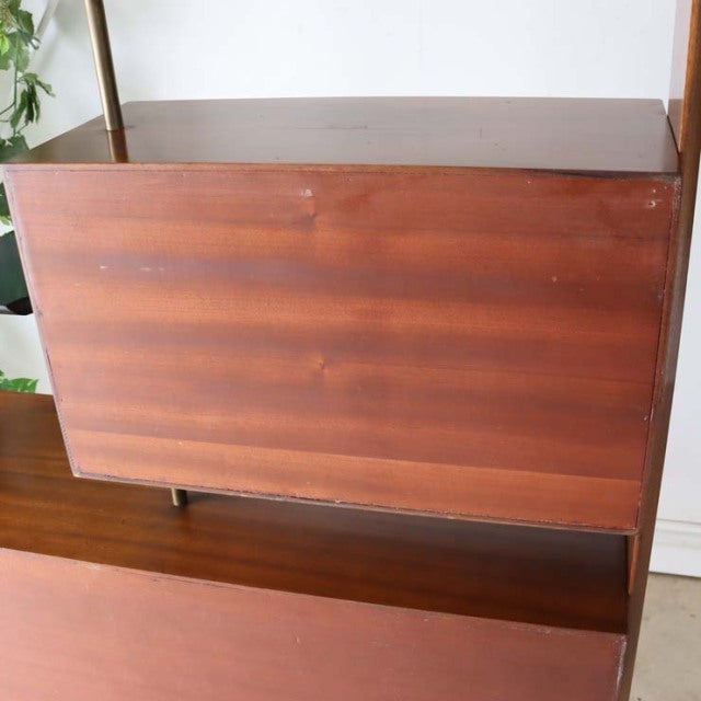 Mid-century vintage teak wooden room divider with British design, smooth grain and iron legs.
