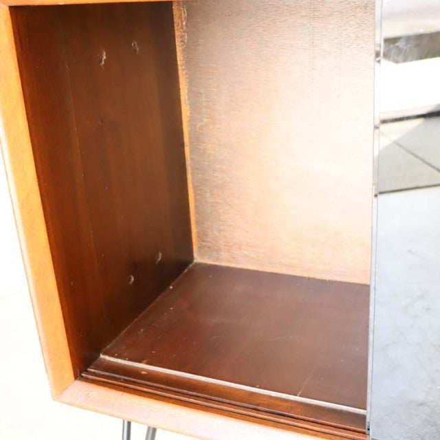 Vintage teak mid-century room divider cabinet with clean lines, British-Denmark style, iron legs visible.