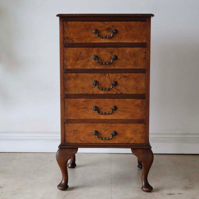 Vintage British mid-century teak record cabinet with rich wood grain, five drawers, and carved cabriole legs.