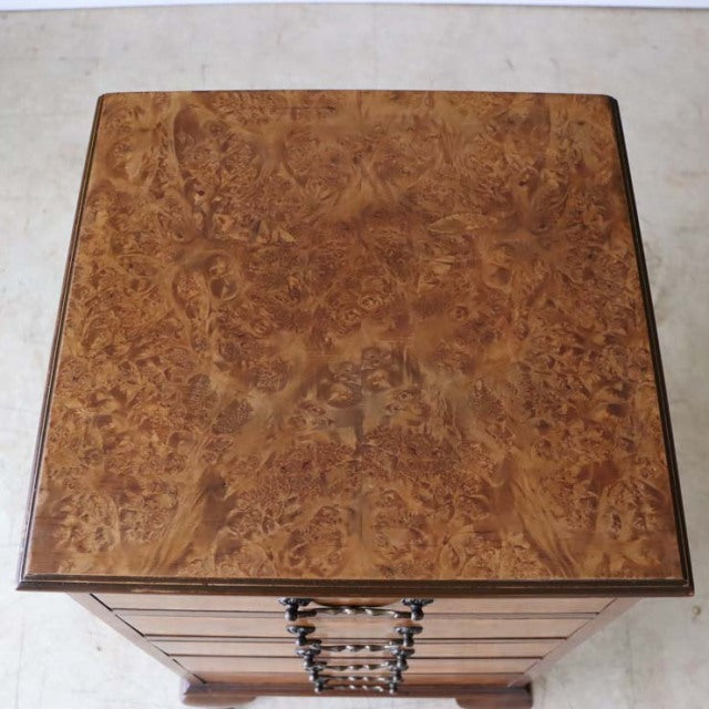 Vintage British mid-century teak record cabinet with rich wood grain, square top, and slim legs from Denmark style.