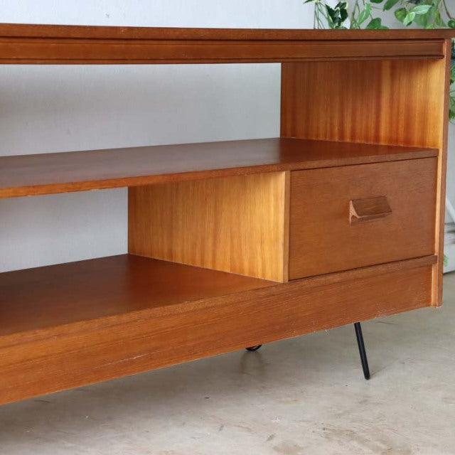Mid-century vintage teak TV board with British-Denmark design, sleek wood grain, and slender iron legs.