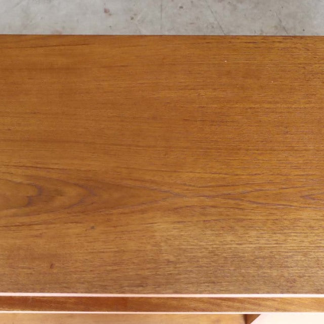 Mid-century vintage teak wood TV board top view showing warm grain and smooth finish, British-Denmark design.
