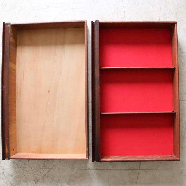 Vintage teak drawers from Elliotts of Newbury sideboard with deep wood grain and red felt-lined compartments, British.
