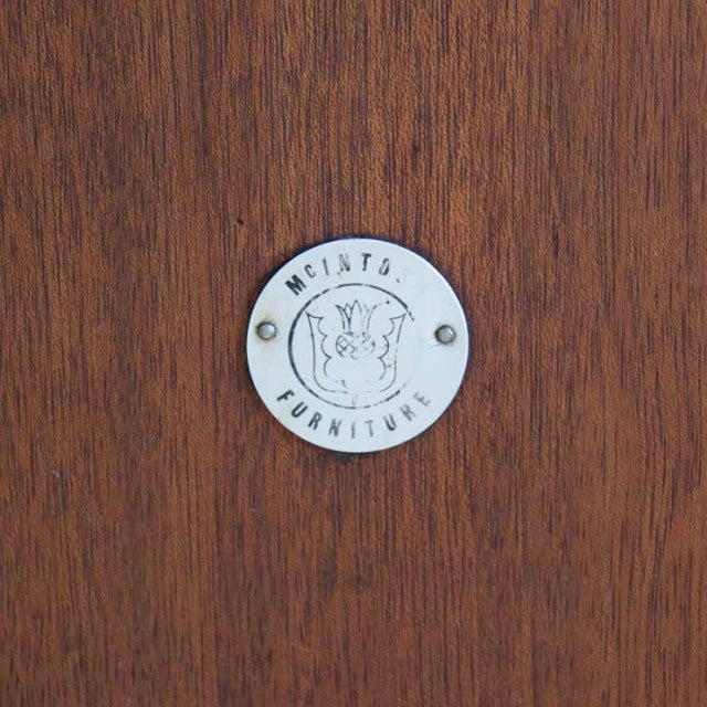 Round silver metal badge with engraved tiger logo and "McIntosh Furniture" text on vintage teak wood grain surface.
