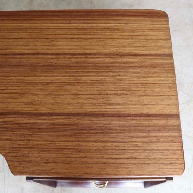 Vintage teak G-Plan mid-century desk top showing rich wood grain and smooth finish, British design with elegant rounded.