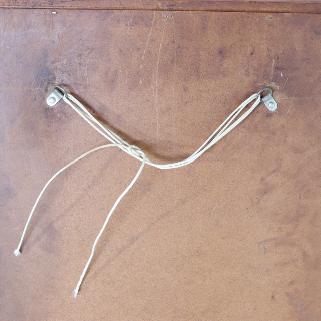 Rectangular vintage teak wall mirror back with visible wood grain and secure hanging cords, British mid-century style from.