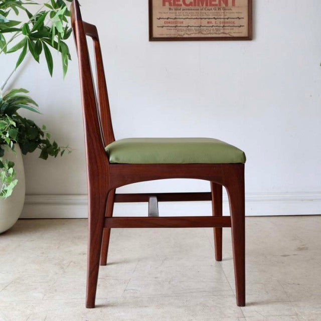 Mid-century British vintage teak dining chair by A.Younger Ltd., tapered legs, olive green upholstered seat, sleek wood.