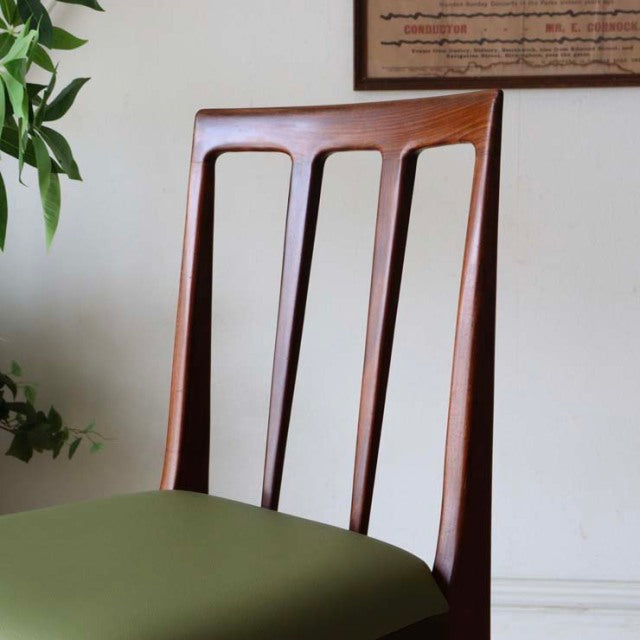 Mid-century British vintage teak dining chair by A.Younger Ltd., slender vertical slats and tapered legs, olive green.
