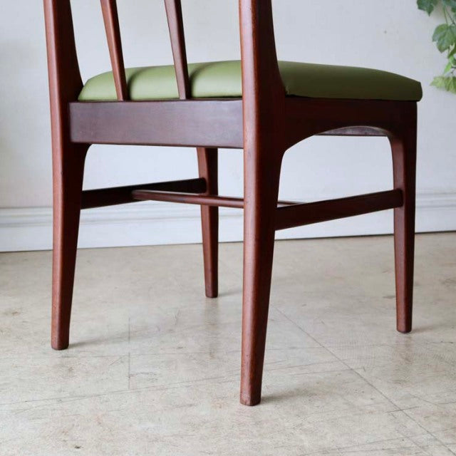 Mid-century British vintage teak dining chair by A.Younger Ltd., clean wood grain, olive green seat cushion, slender tapered .