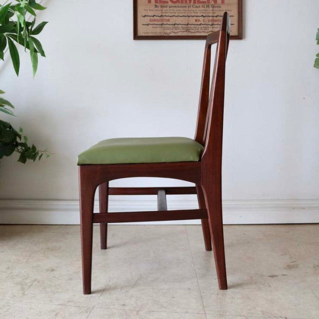 Mid-century British teak dining chair by A.Younger Ltd., green upholstered seat, slender tapered legs, classic vintage wood.