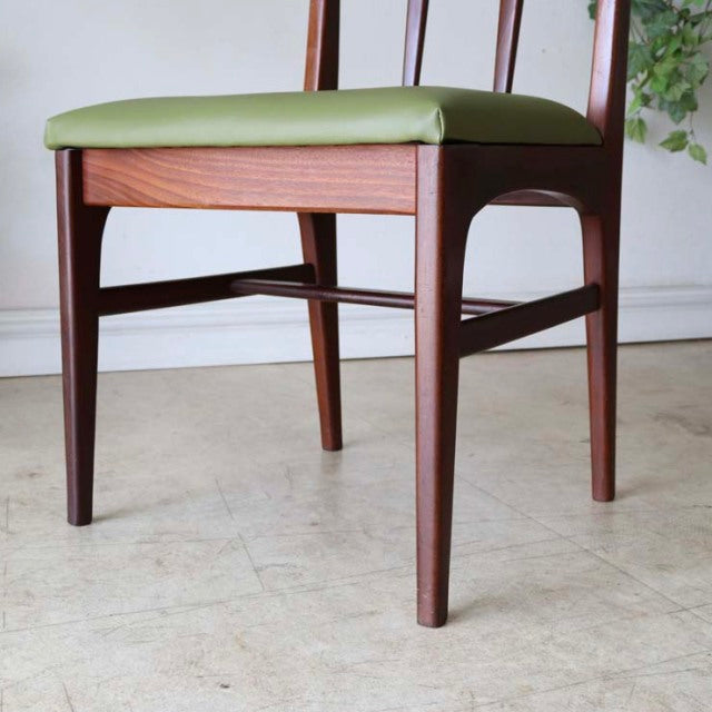 Vintage teak dining chair by A.Younger Ltd., British mid-century design with green upholstered seat and tapered legs.