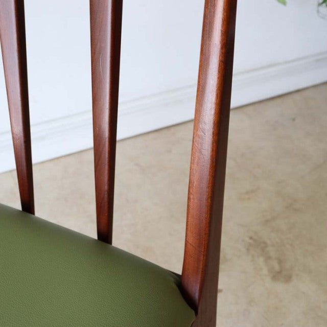 Mid-century British vintage teak dining chair by A.Younger Ltd., slender tapered legs and vertical back slats, olive green.