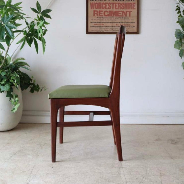 Mid-century British vintage teak dining chair by A.Younger Ltd., slim tapered legs, olive green upholstered seat, clean wood .