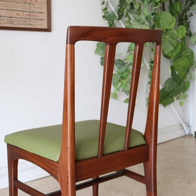 Vintage British mid-century teak dining chair by A.Younger Ltd with vertical slat back and olive green upholstered seat.