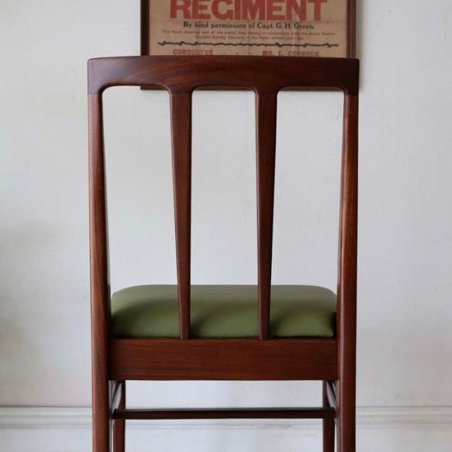 Vintage teak dining chair by A.Younger Ltd., British mid-century design with clean vertical slats and olive-green.