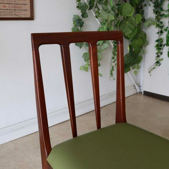 Vintage mid-century teak dining chair by A. Younger Ltd., British design with sleek vertical slats and olive green.
