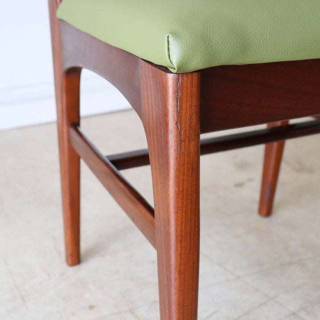 Vintage mid-century teak dining chair by A.Younger Ltd with British-Denmark design and green upholstered seat.