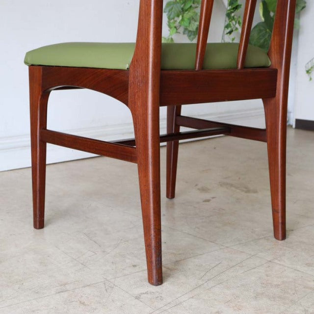 Vintage teak dining chair by A.Younger Ltd., mid-century British design with vertical slat back and green upholstered seat,.