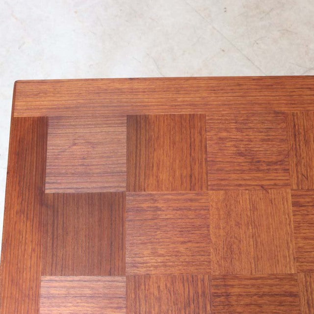 Mid-century vintage teak rosewood coffee table top with geometric wood grain pattern and square inlays, Danish and British.