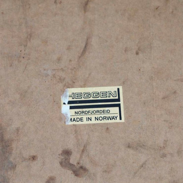 Heggen Nordfjordeid label on vintage mid-century teak wood backing, marked Made in Norway.