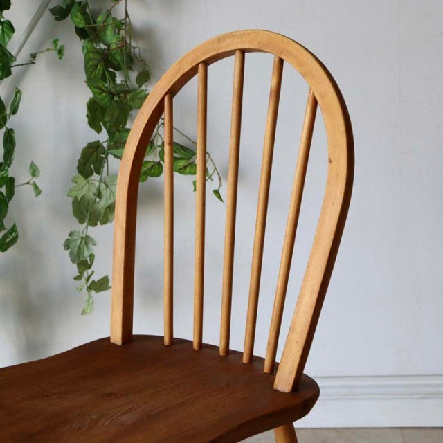 Set of four vintage mid-century British Ercol Hoopback chairs in natural teak with curved spindle backs and visible wood.