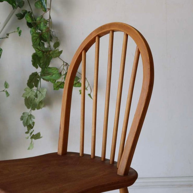 Vintage British mid-century Ercol dining chair in warm teak with curved hoop back and slender spindles, natural wood grain.