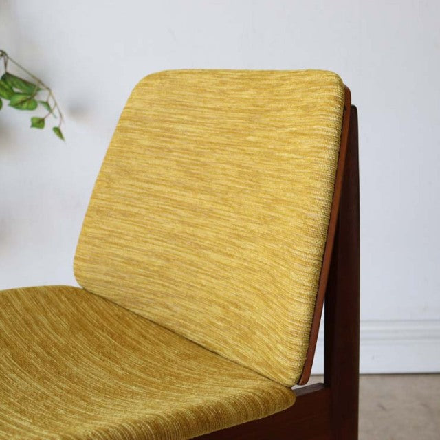 Vintage mid-century British teak dining chair by Elliotts of Newbury with mustard yellow textured fabric upholstery and.