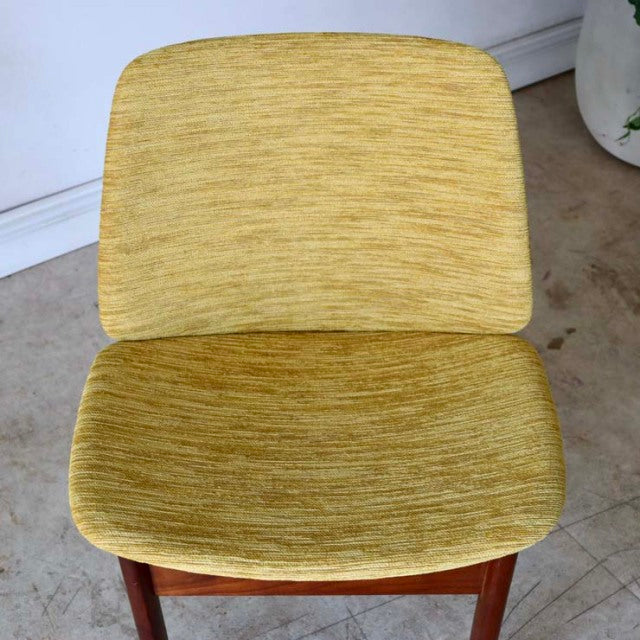 Vintage teak dining chair by Elliotts of Newbury, British mid-century design with mustard yellow textured fabric and smooth.