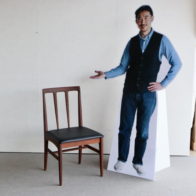 Vintage mid-century teak dining chair from Younger Fonseca series with black vinyl seat upholstery and vertical slat.