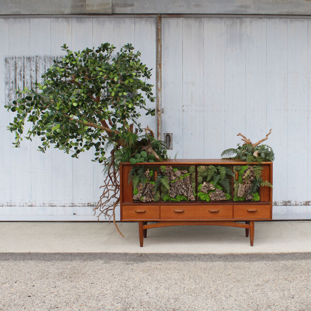 Vintage British mid-century teak sideboard with rich wood grain, tapered legs, and three drawers under glass cabinet doors.