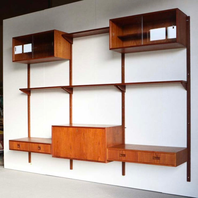 Mid-century vintage teak wall-mounted cabinet system by Preben Sørensen for Randers Møbelfabrik, Danish design with visible.
