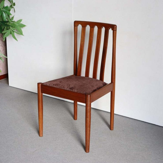 Vintage Meredew teak dining chair with mid-century British design, slim vertical slats, and brown upholstered seat, Danish.
