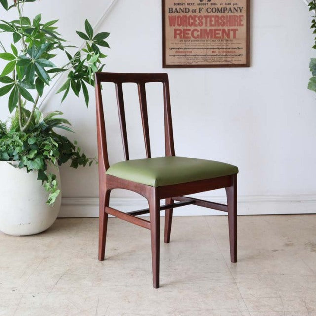Mid-century British vintage teak dining chair by A.Younger Ltd., slender vertical slats, olive green upholstered seat,.